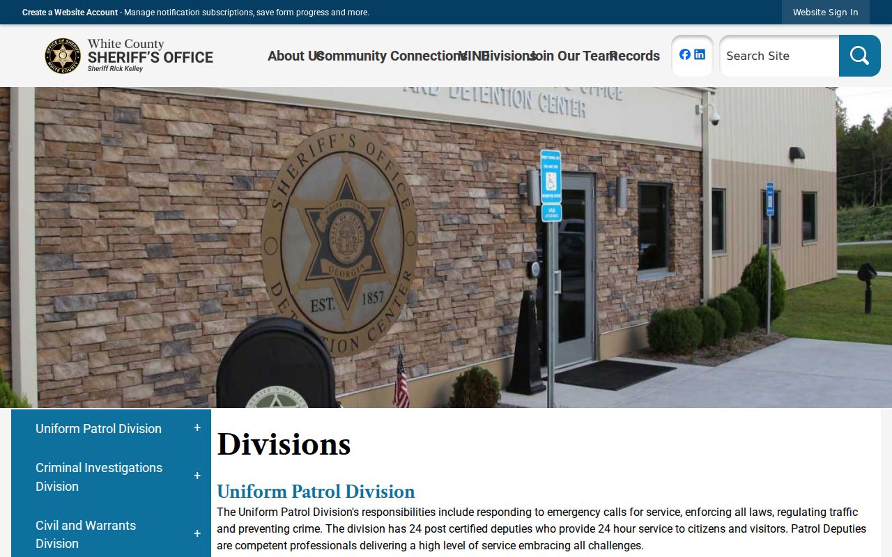 White County Sheriff divisions for patrol investigations warrants and jail